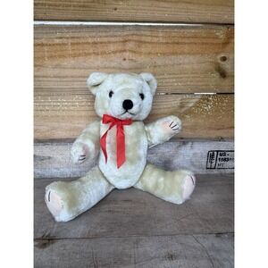 Vintage Cute Jointed Teddy Bear Light Tan Color With Red Ribbon *Read Details*